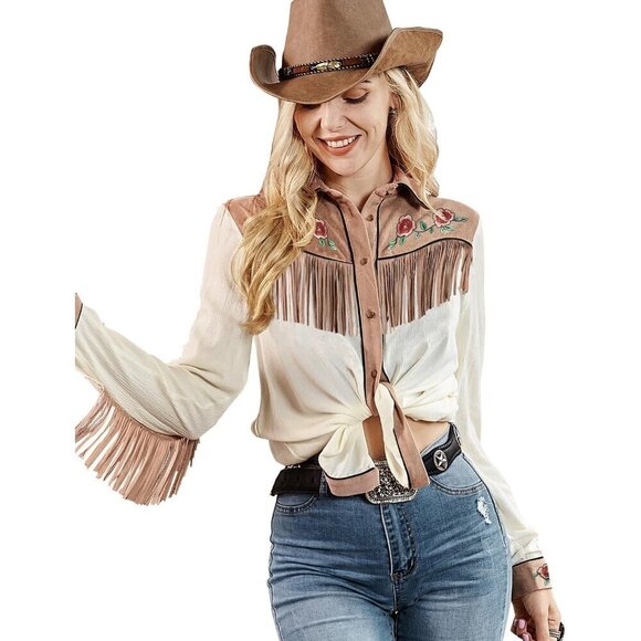 Tops - Women's White Fringe Long Sleeve Floral Embroidered Button Down Blouse Shirts